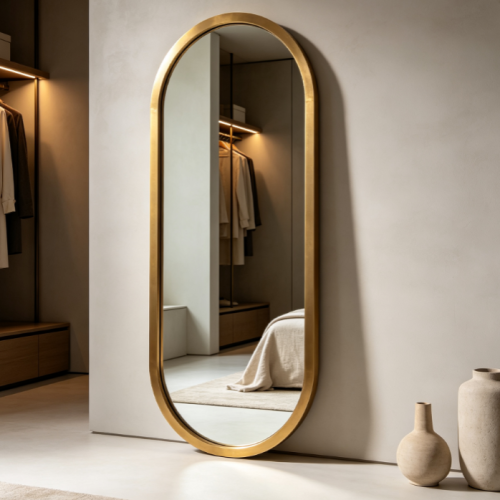 Oval Full-Length Mirror with Vintage Brass Frame